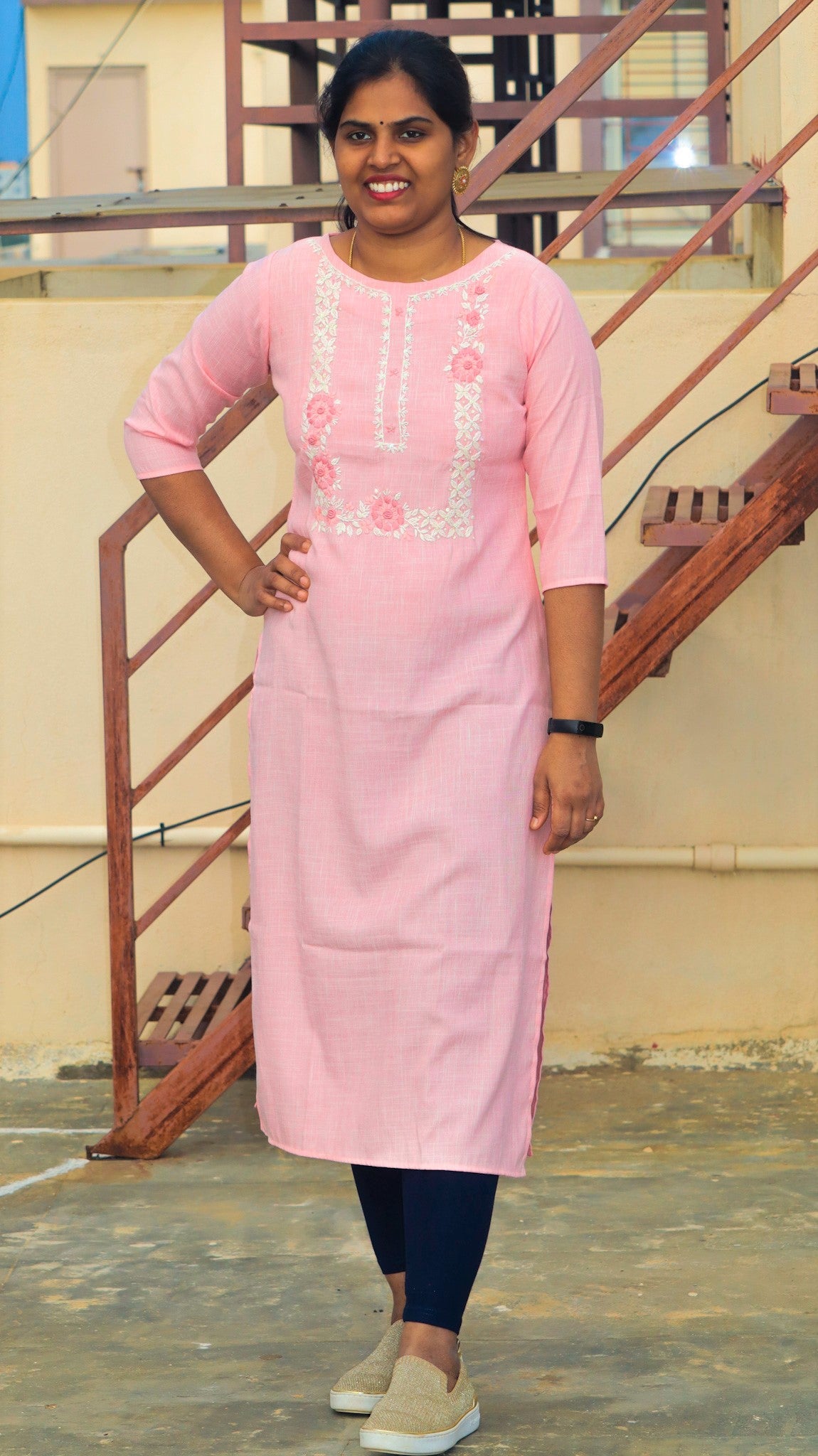 Dayamai - Linen cotton embriodered kurti - Baby Pink