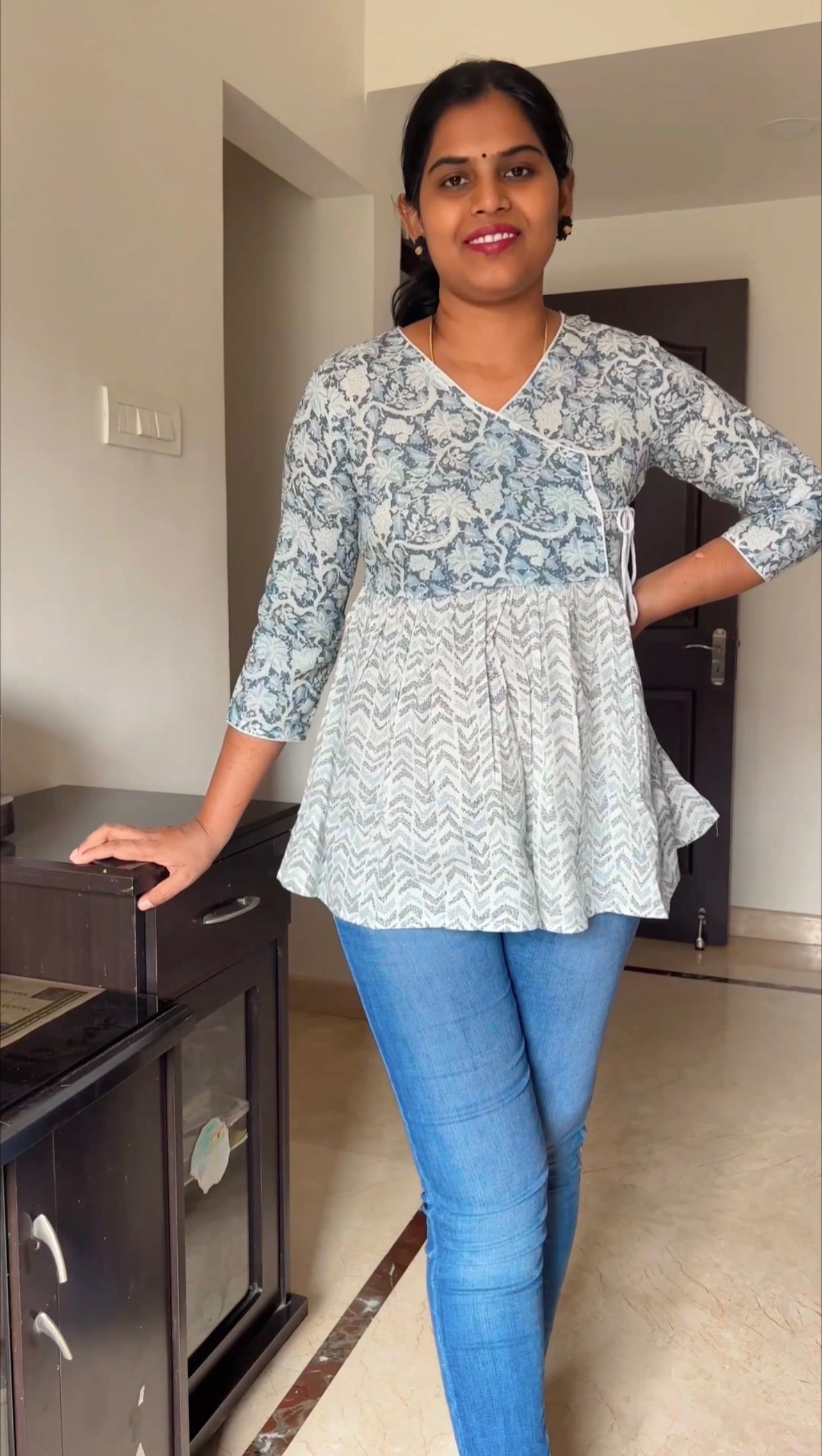 Tanaya - Block printed Angrakha Peplum Top - White