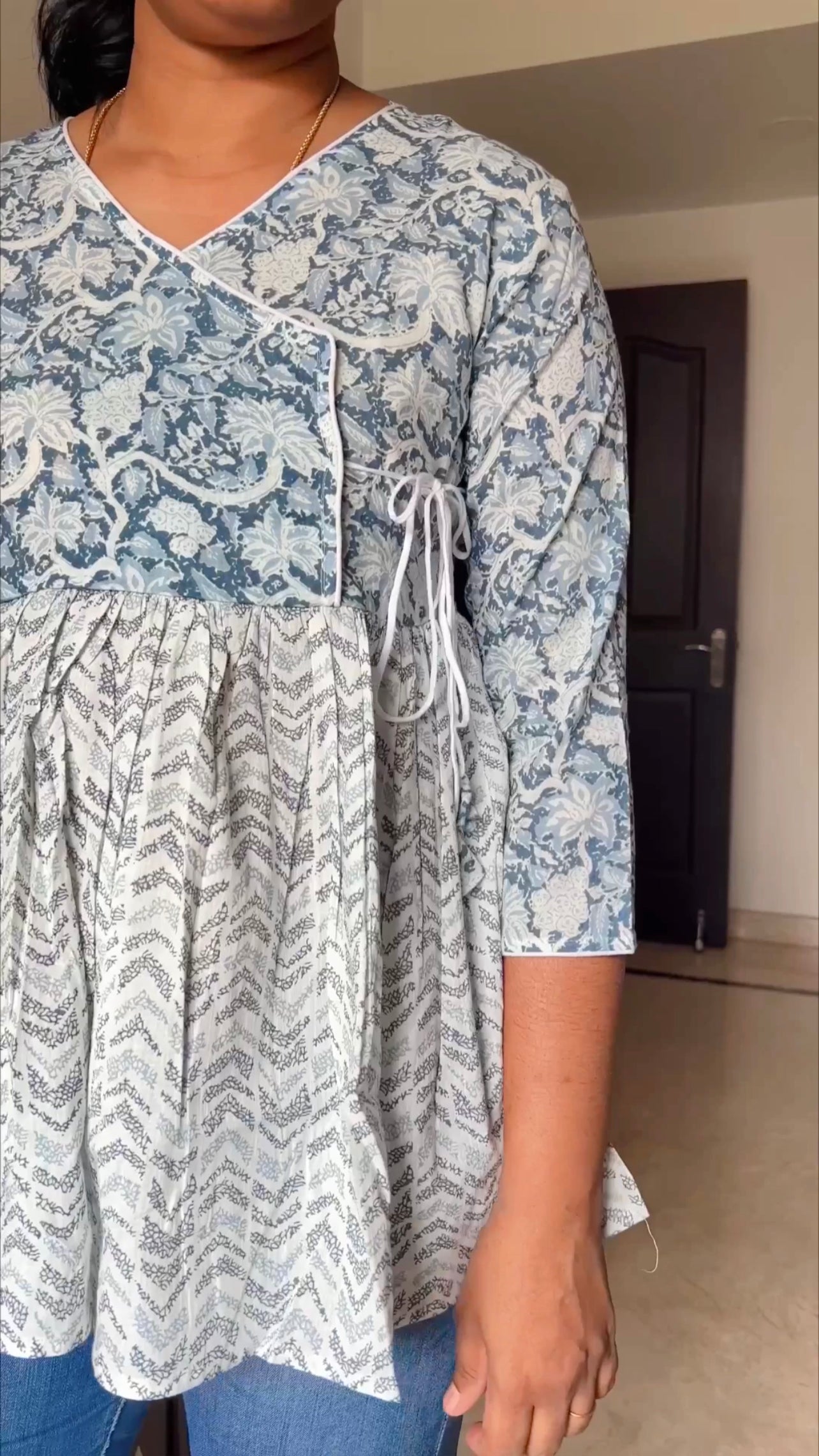 Tanaya - Block printed Angrakha Peplum Top - White