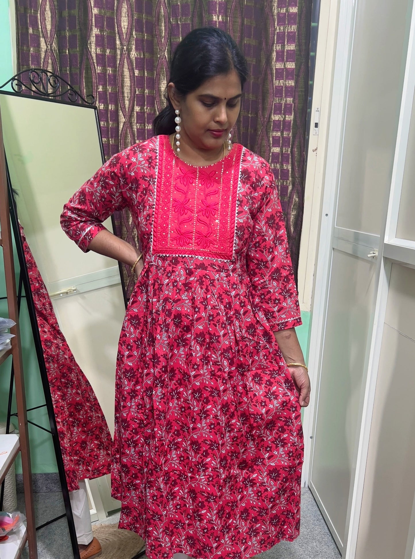 Aarti - Red Cotton umbrella kurti and pant set