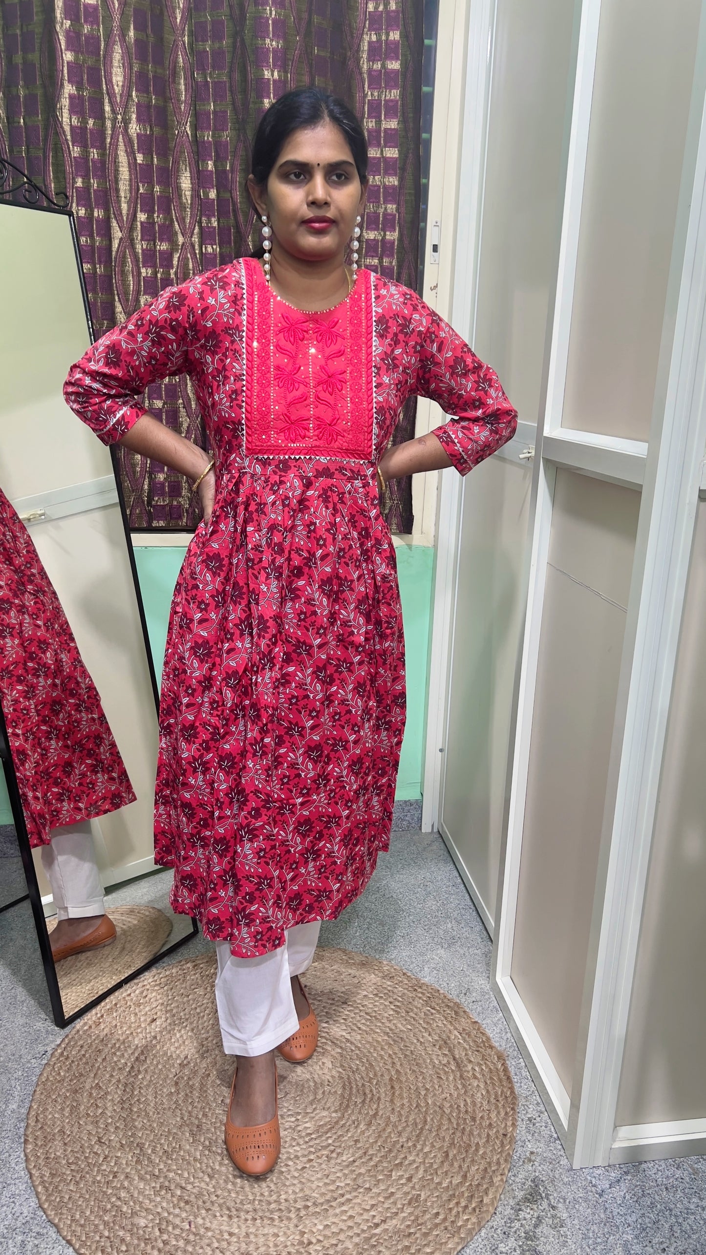 Aarti - Red Cotton umbrella kurti and pant set