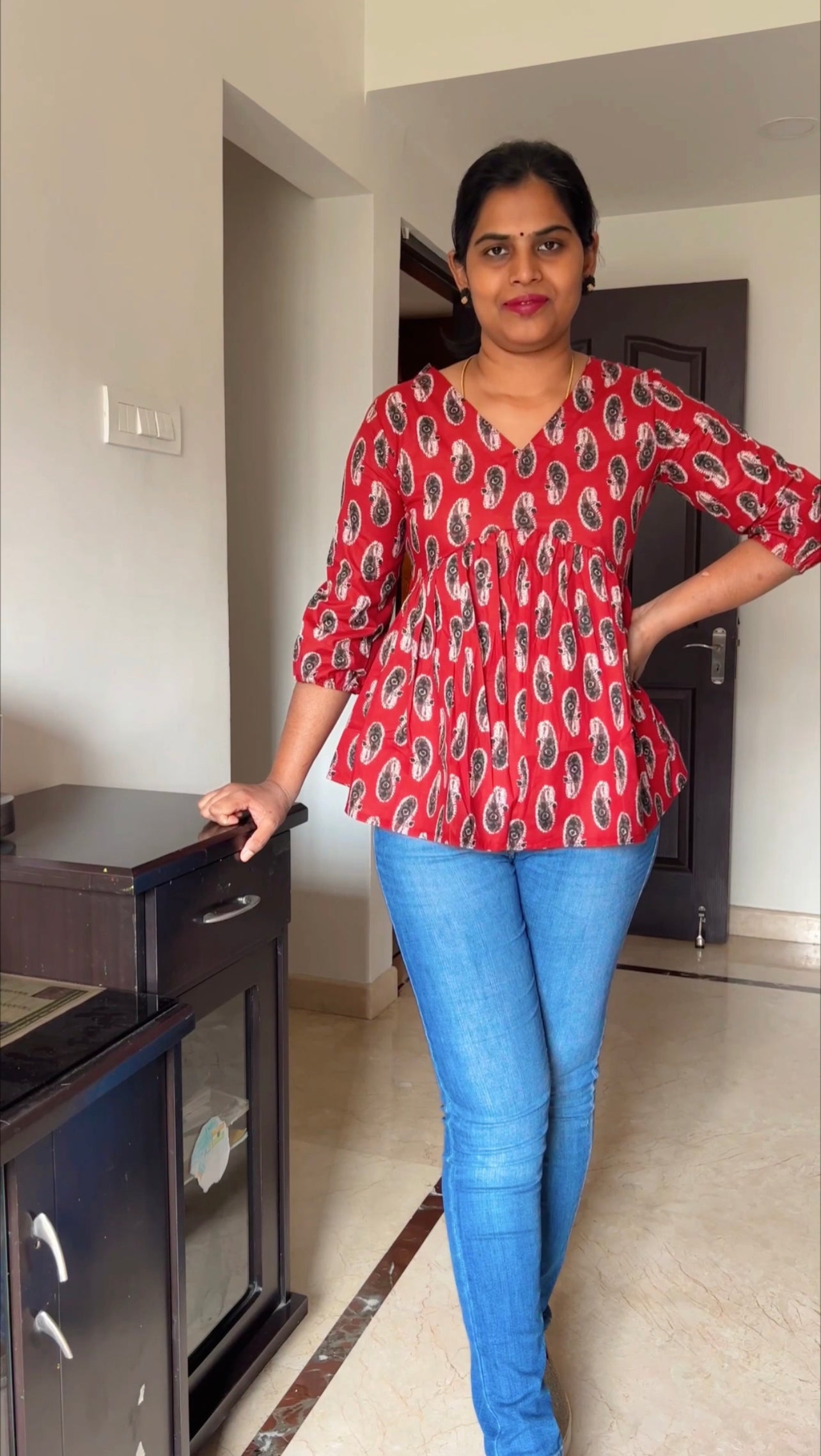 Riya - Block printed Alia cut Peplum Top - Brick Red