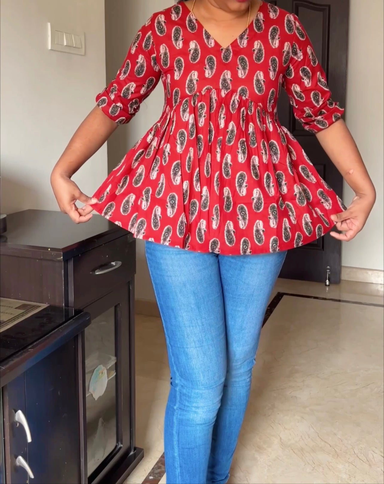 Riya - Block printed Alia cut Peplum Top - Brick Red
