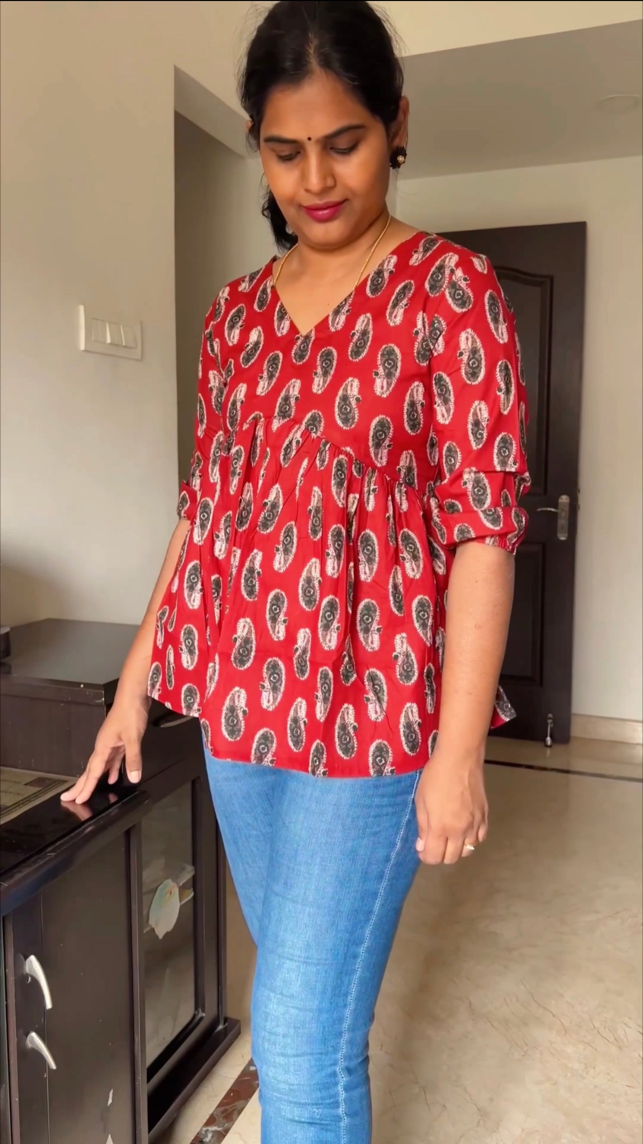 Riya - Block printed Alia cut Peplum Top - Brick Red