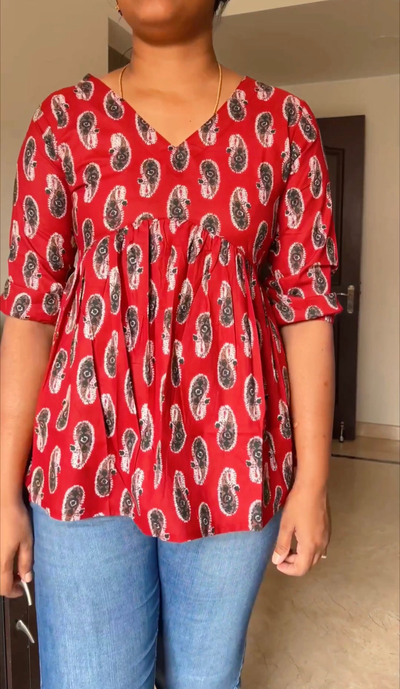 Riya - Block printed Alia cut Peplum Top - Brick Red