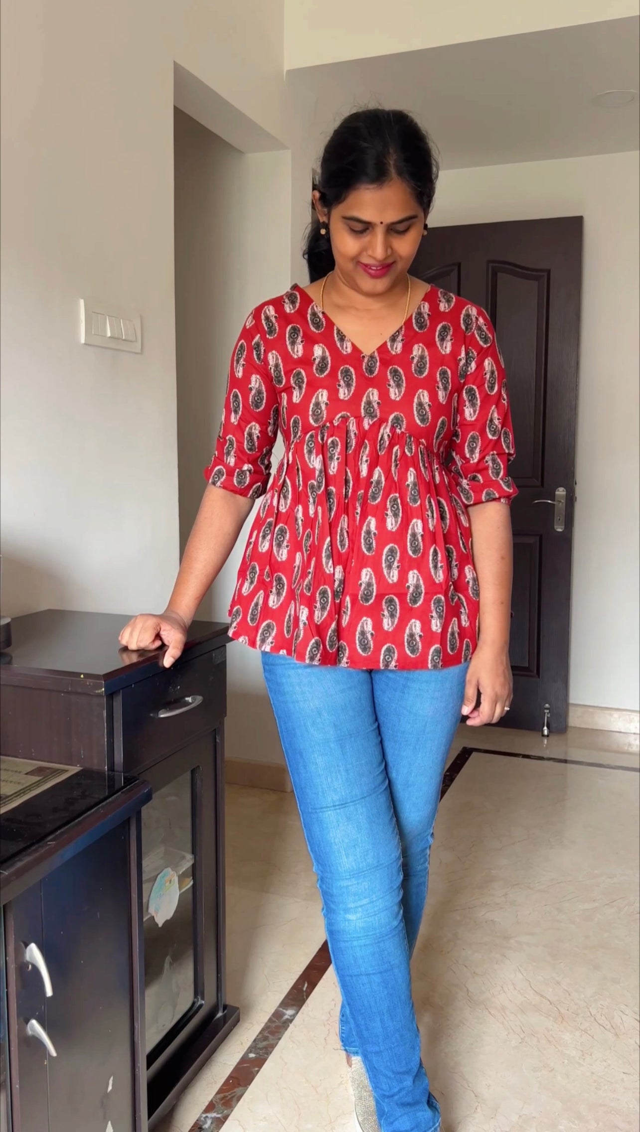 Riya - Block printed Alia cut Peplum Top - Brick Red
