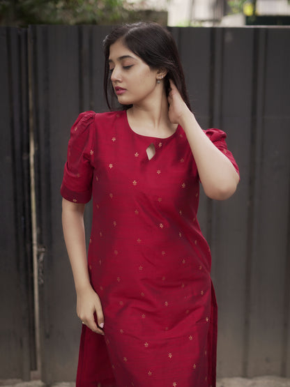 Nandika - Cotton Silk Weave Kurta - Maroon