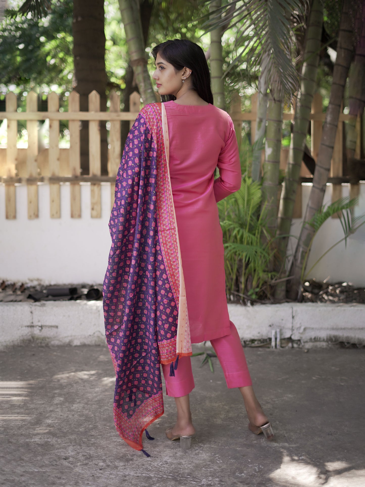 Nithya - Candy Pink Silk cotton set with Maslin Dupatta