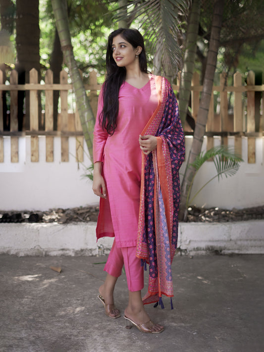 Nithya - Candy Pink Silk cotton set with Maslin Dupatta