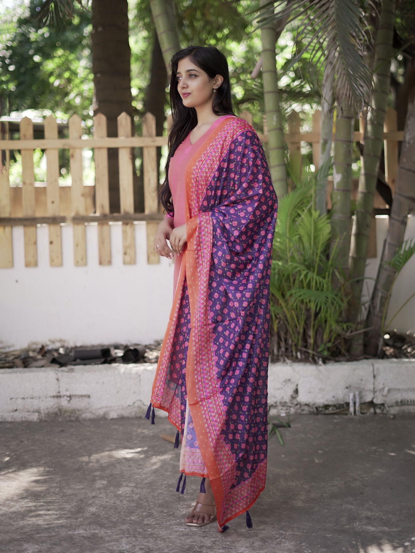 Nithya - Candy Pink Silk cotton set with Maslin Dupatta