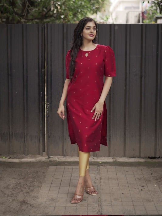 Nandika - Cotton Silk Weave Kurta - Maroon