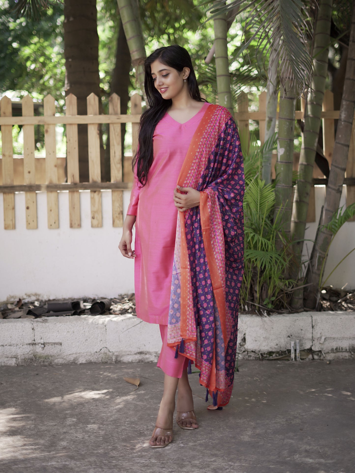 Maslin Dupatta - Navy Blue , Orange border