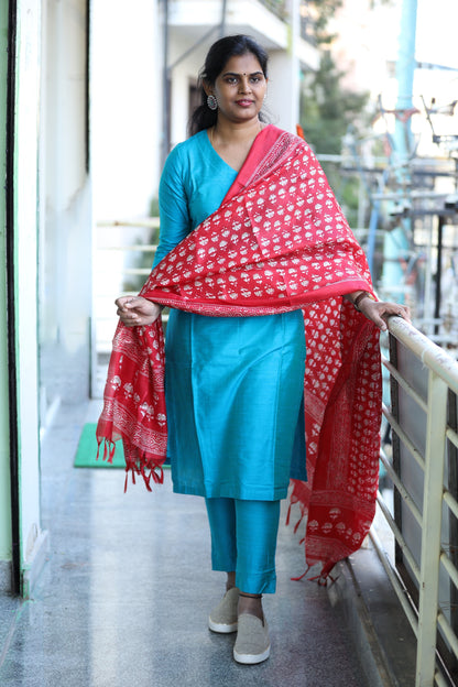 Khushi - Aqua Blue Silk cotton set with Kadhi silk dupatta