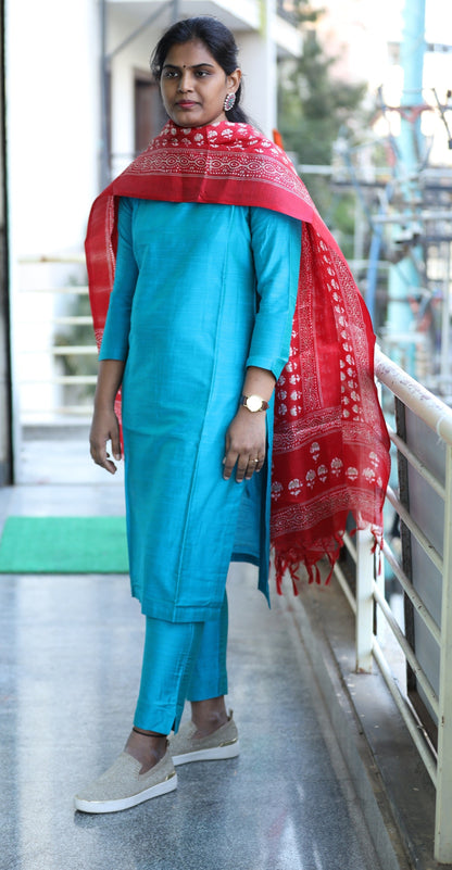 Khushi - Aqua Blue Silk cotton set with Kadhi silk dupatta
