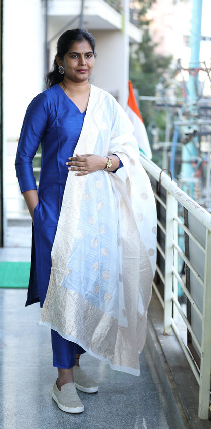 Khushi - Royal Blue Silk cotton set with Banaras Chanderi dupatta