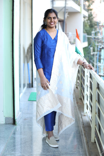 Khushi - Royal Blue Silk cotton set with Banaras Chanderi dupatta