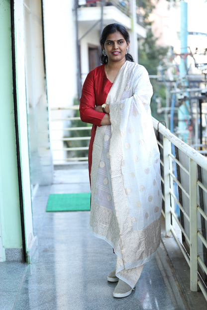 Khushi - Marroon Silk cotton set with Banaras Chanderi dupatta