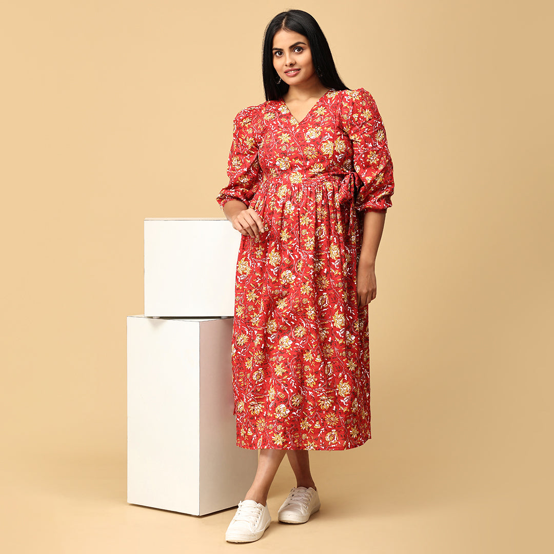 Anjani -Red Floral Premium Cotton dress