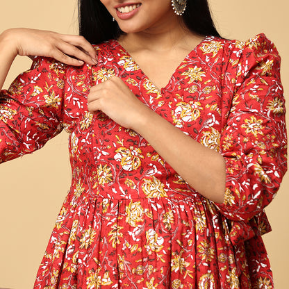 Anjani -Red Floral Premium Cotton dress