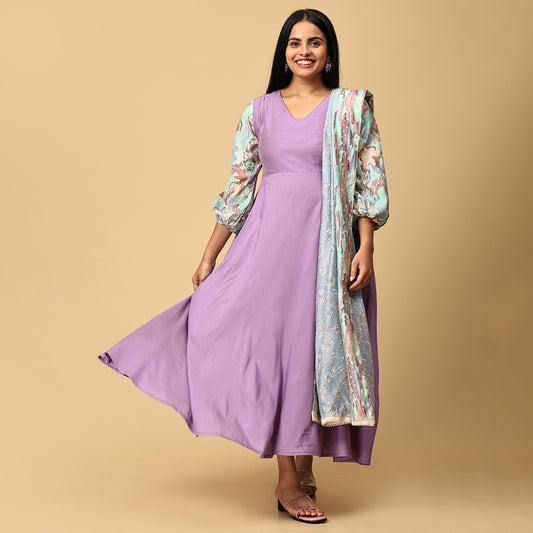Sundari - Lavender silk gown paired with muslin dupatta