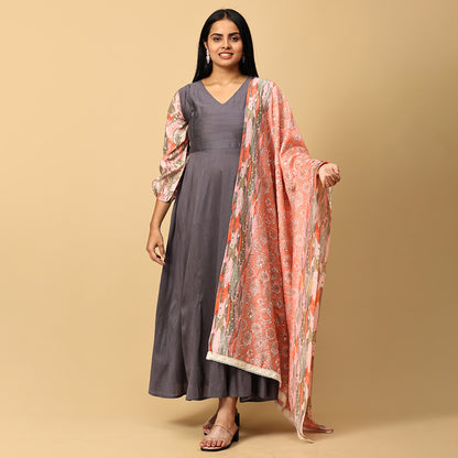Sundari - Grey silk gown paired with muslin dupatta