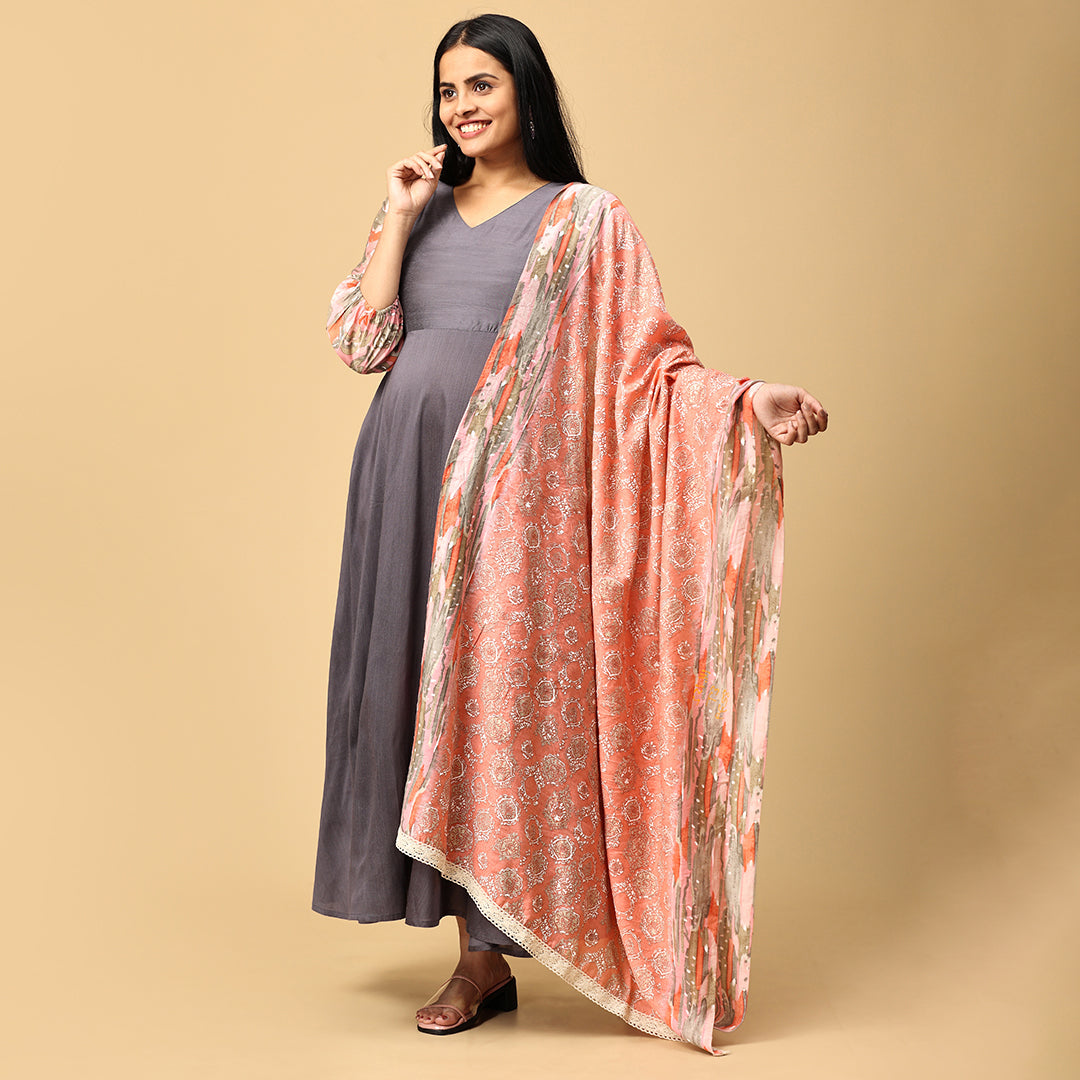 Sundari - Grey silk gown paired with muslin dupatta