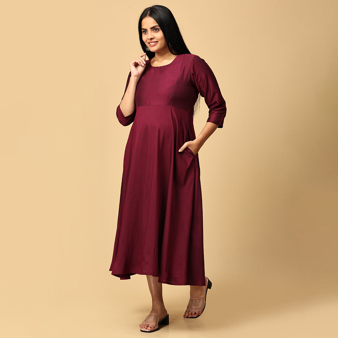 Gyaana - Wine Silk cotton dress with Chandheri Jacket