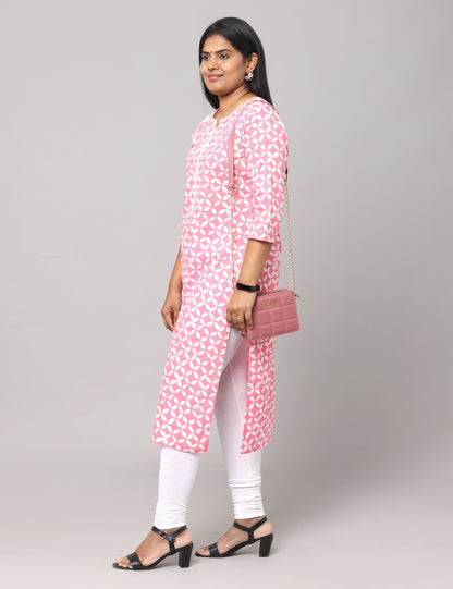 Block Printed cotton kurti - Pink and white
