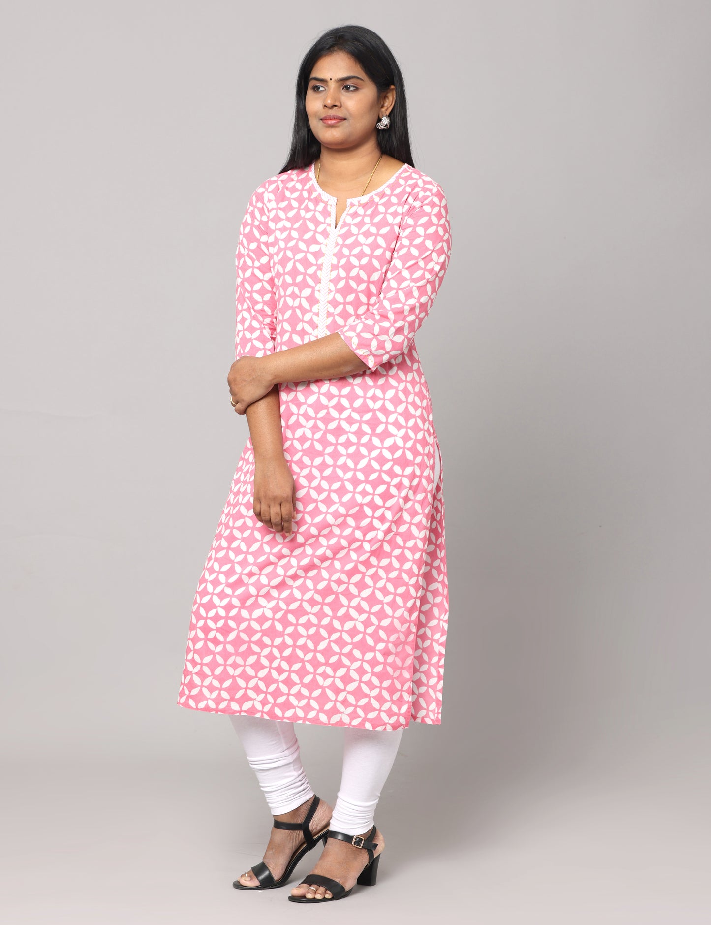 Block Printed cotton kurti - Pink and white