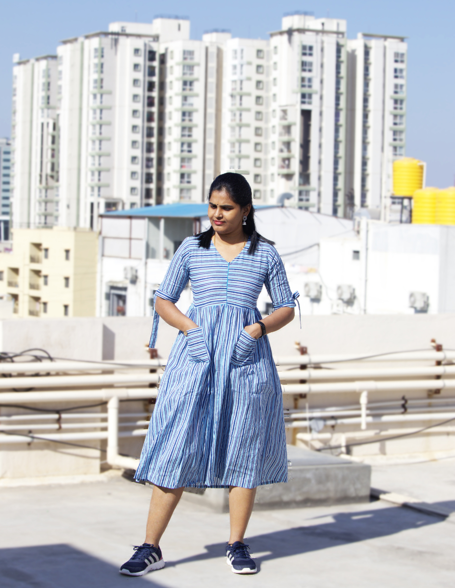 Striped Block printed Cotton Dress - Blue