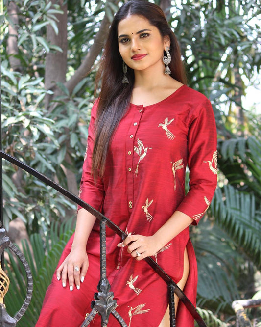 Priyanka - Aline Maroon Silk cotton kurti