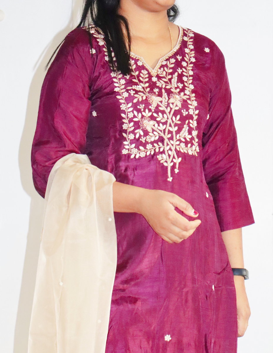 Maslin Wine color Party wear with hand work and pearl work