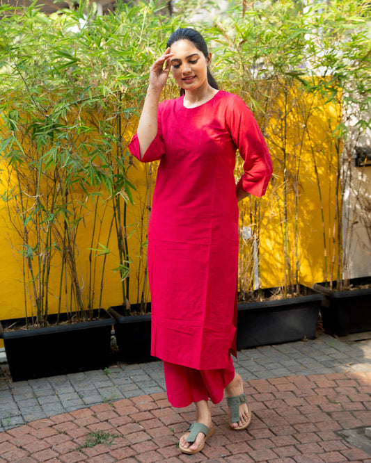 Abilasha - Silk Cotton Kurta Set - Pink