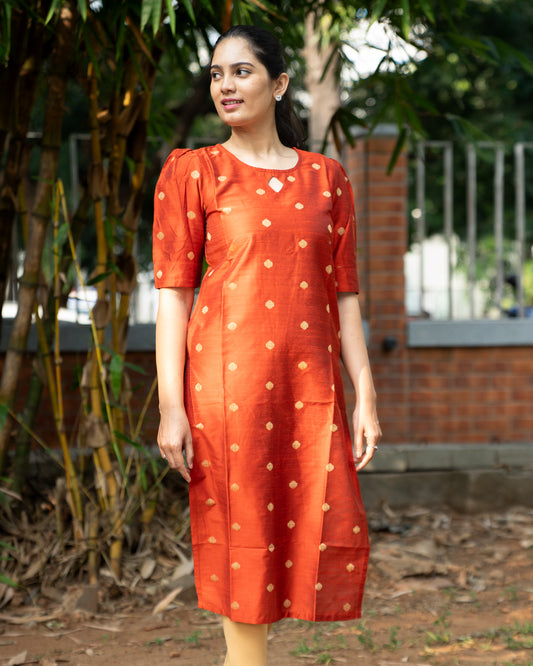 Lahari - Cotton Silk Weave Kurta - Rust Orange