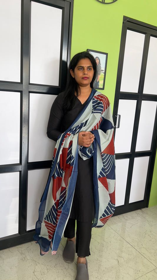 Cotton Dupatta - Geometrical print - Blue