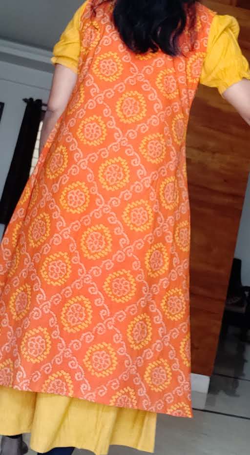 Orange Block printed jacket two layered dress