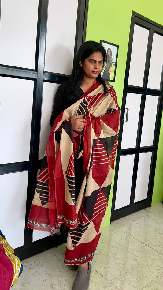 Cotton Dupatta - Geometrical print - Black