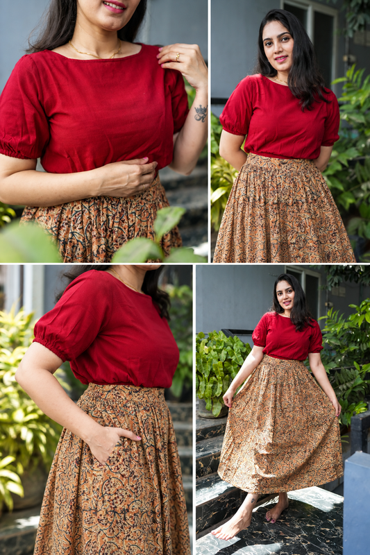 Avni - Kalamkari Skirt Set - Maroon