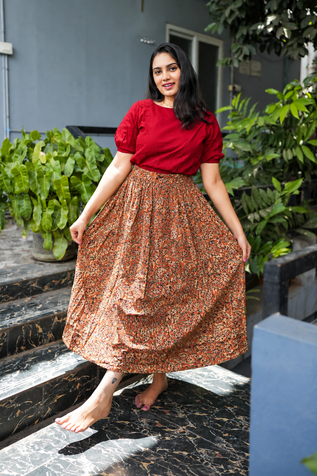 Avni - Kalamkari Skirt Set - Maroon