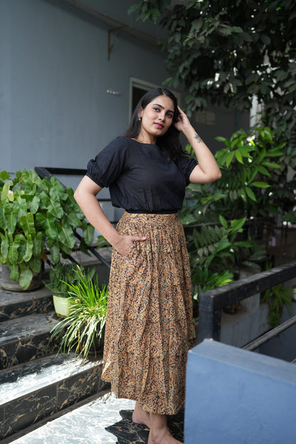 Avni - Kalamkari Skirt Set - Black