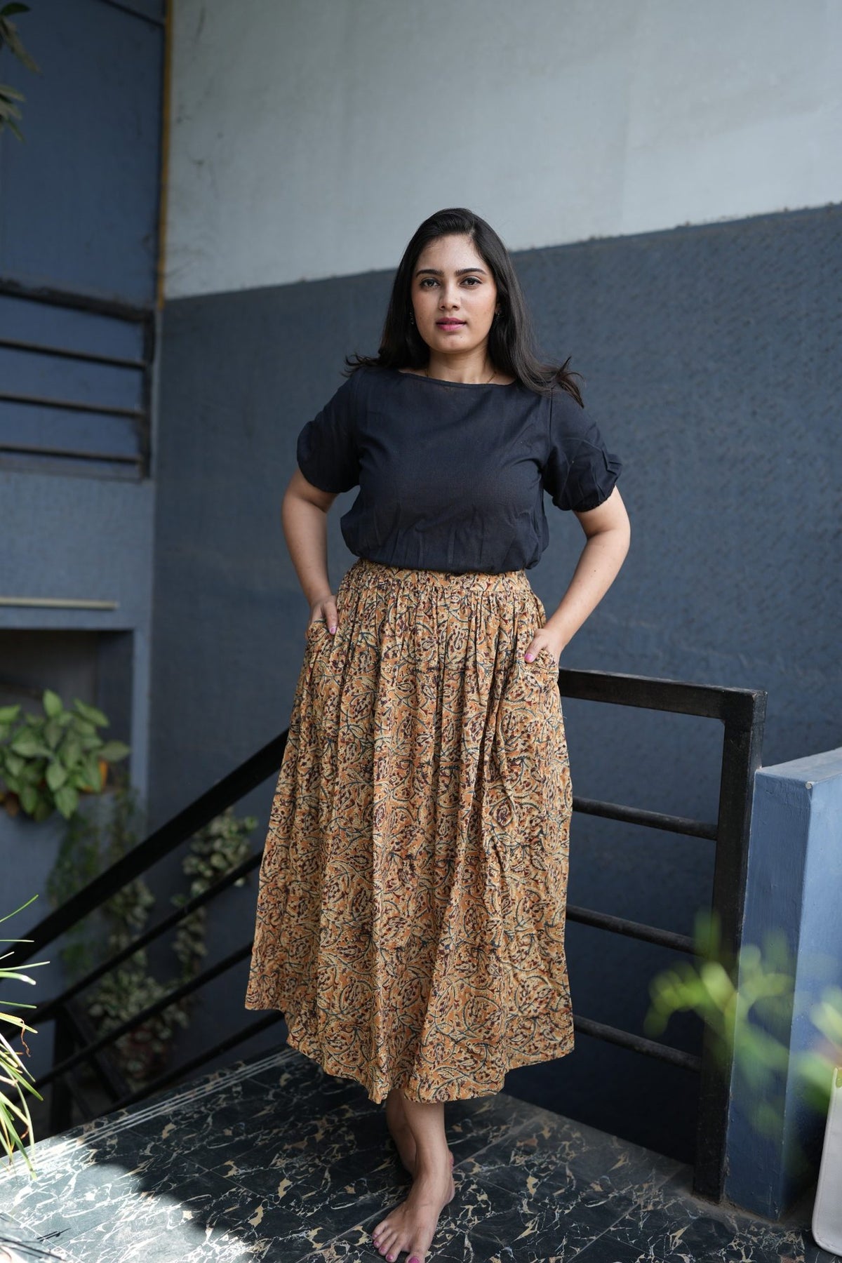 Avni - Kalamkari Skirt Set - Black