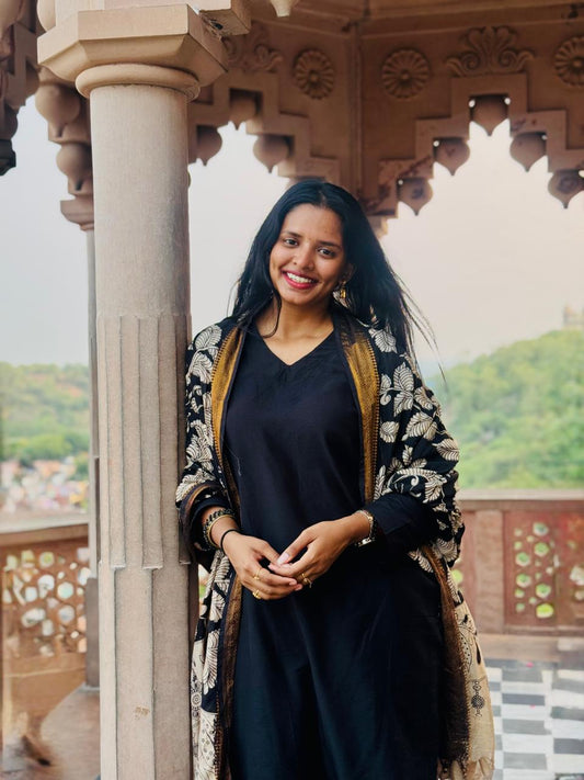 Madhura - Black Silk cotton set with Kalamlari Dupatta