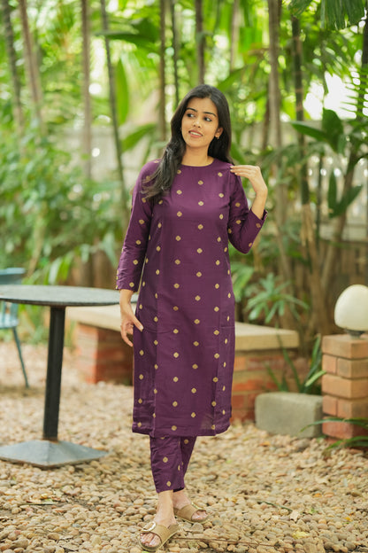 Dhrithi - Silk Cotton Coord Set - In Weaving fabric - Purple