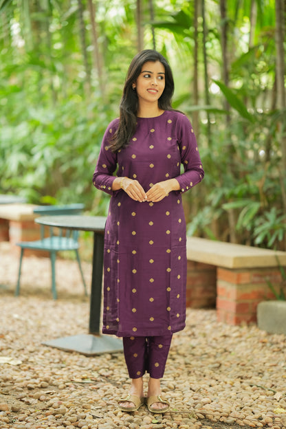 Dhrithi - Silk Cotton Coord Set - In Weaving fabric - Purple