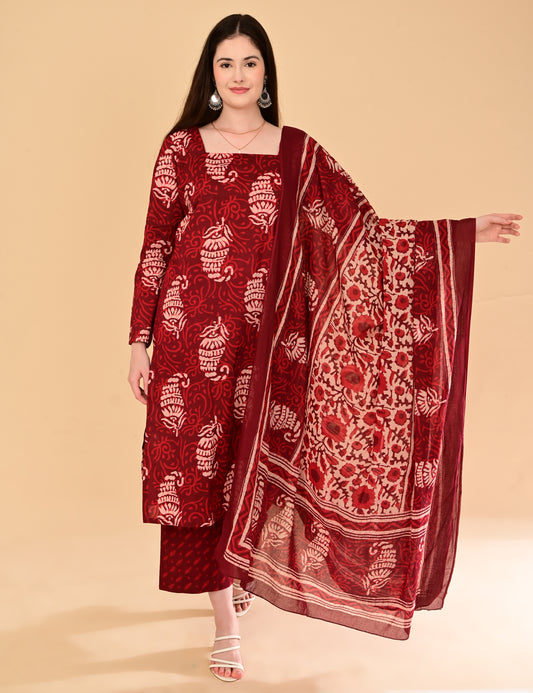 Aaradhya Wine Handblock Suit Set