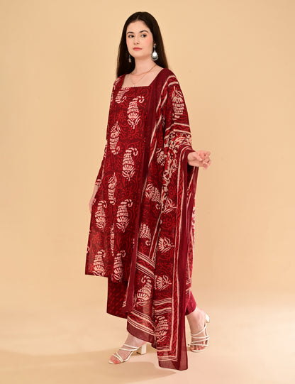 Aaradhya Wine Handblock Suit Set
