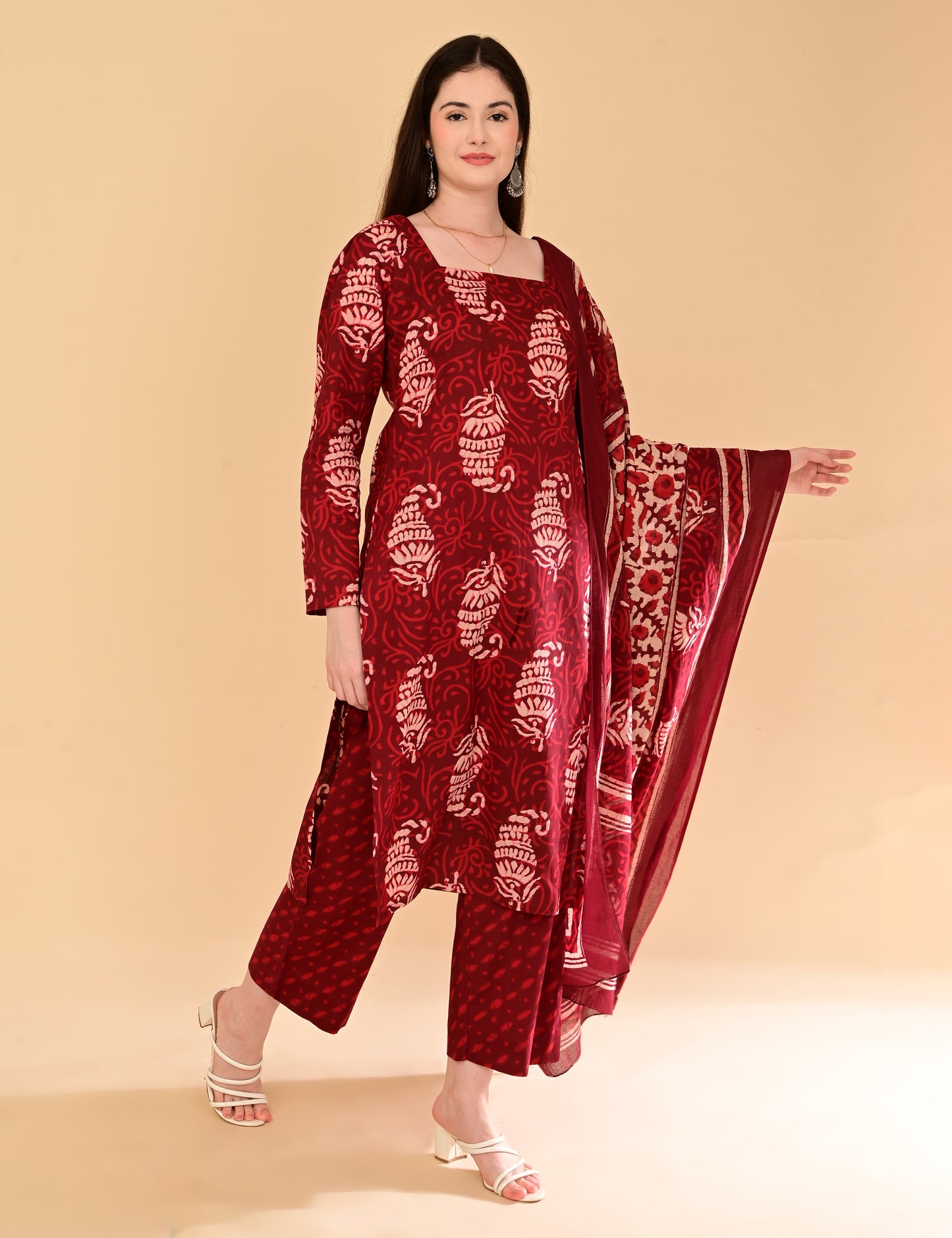 Aaradhya Wine Handblock Suit Set