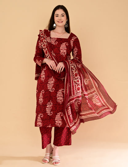 Aaradhya Wine Handblock Suit Set