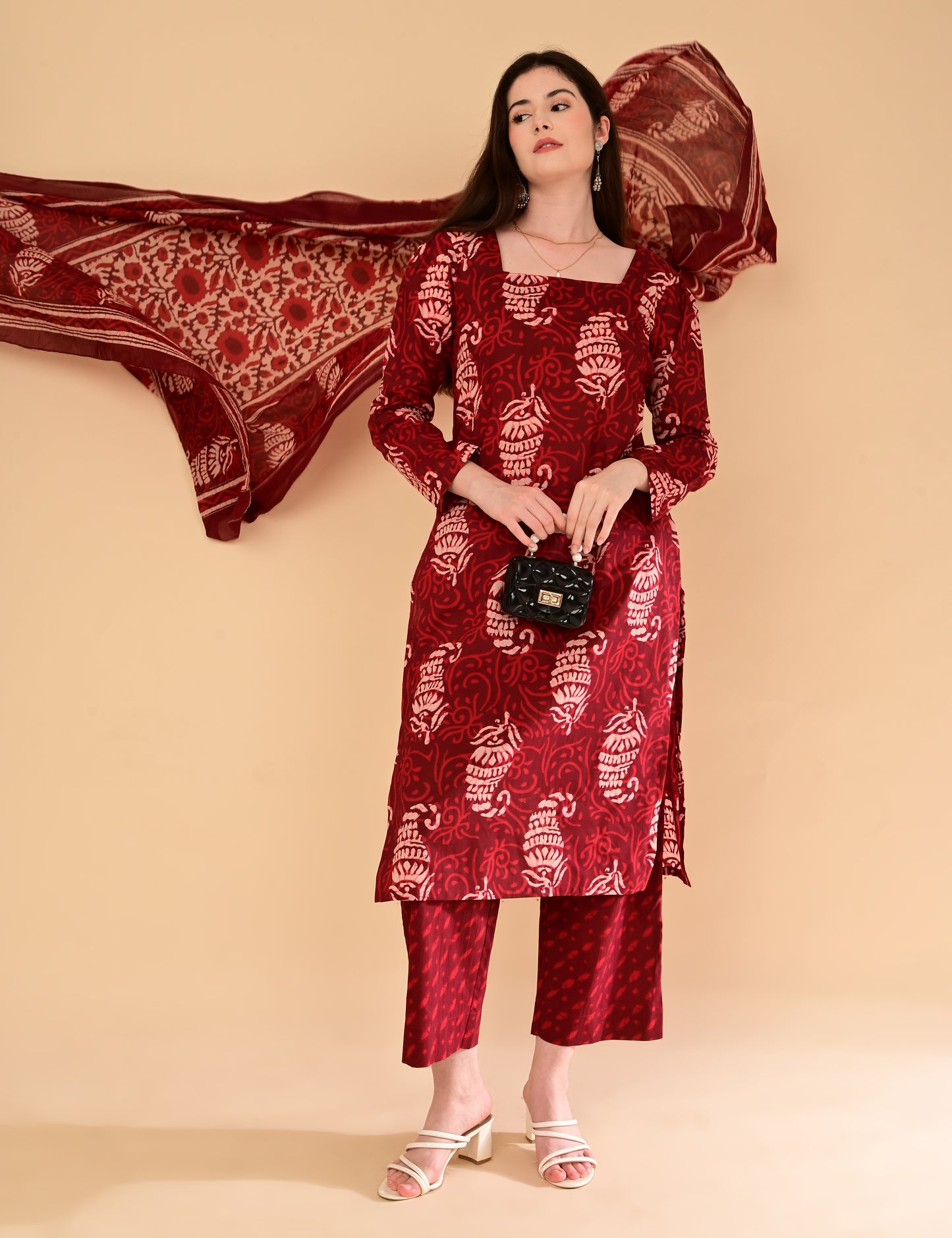 Aaradhya Wine Handblock Suit Set