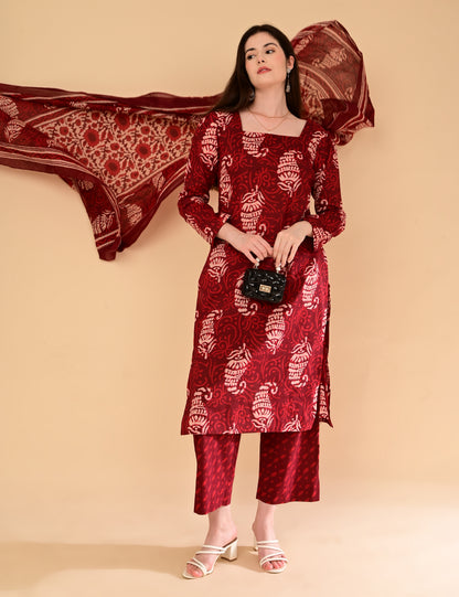 Aaradhya Wine Handblock Suit Set